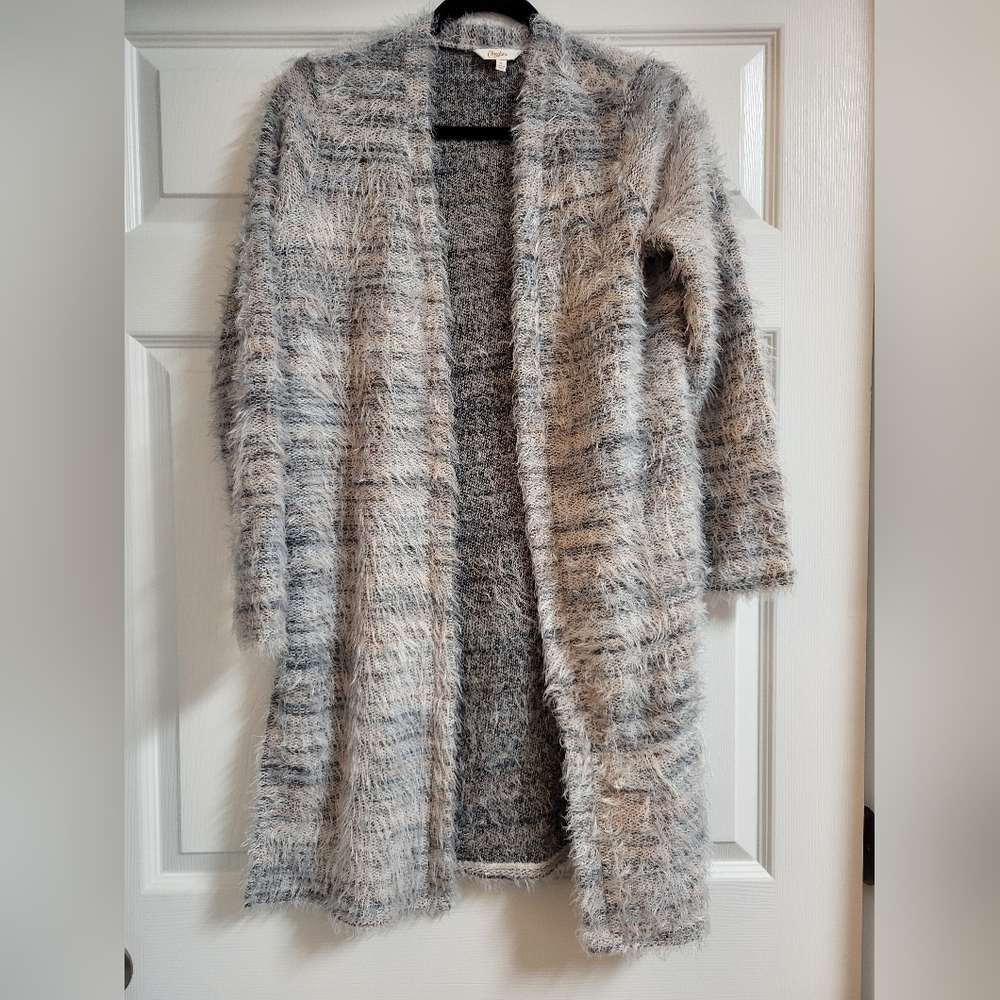 Candie's Women's Pink And Grey Fuzzy Open-Front Cardigan Sweater Size S